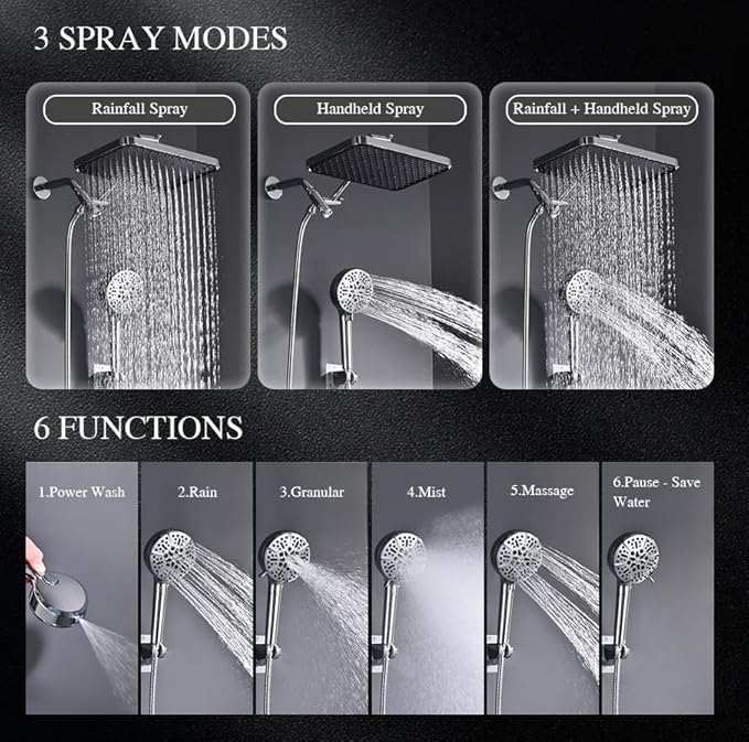 Tandem Shower Head with Filters-14'' Rainfall ShowerHead,Filtered Power Wash Handheld for Hard Water,High Pressure Output, Reduces Dry Itchy Skin, Improves Condition of Your Body, Hair