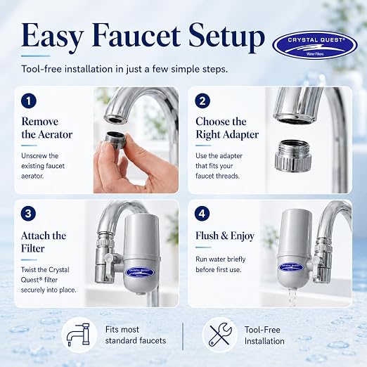 Crystal Quest Faucet-Mount Water Filtration System, ISO Certified 6-Stage Filtration, No-Wait Filtering, Removes Chlorine & Heavy Metal, 2000-Gallon Capacity, Easy Kitchen Faucet Installation - Chrome