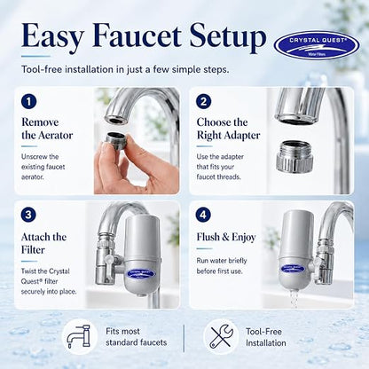 Crystal Quest Faucet-Mount Water Filtration System, ISO Certified 6-Stage Filtration, No-Wait Filtering, Removes Chlorine & Heavy Metal, 2000-Gallon Capacity, Easy Kitchen Faucet Installation - Chrome