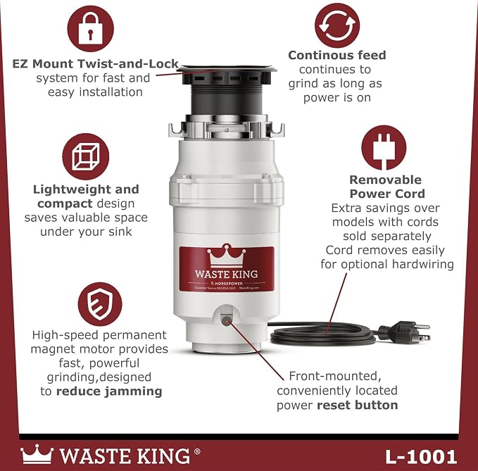 Waste King 1/2 HP Garbage Disposal with Power Cord for Kitchen Sink Food Waste, L-1001 (Pack of 2)