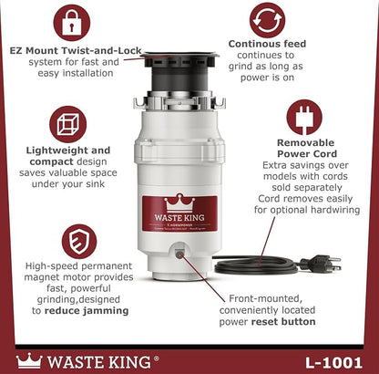Waste King 1/2 HP Garbage Disposal with Power Cord for Kitchen Sink Food Waste, L-1001 (Pack of 2)