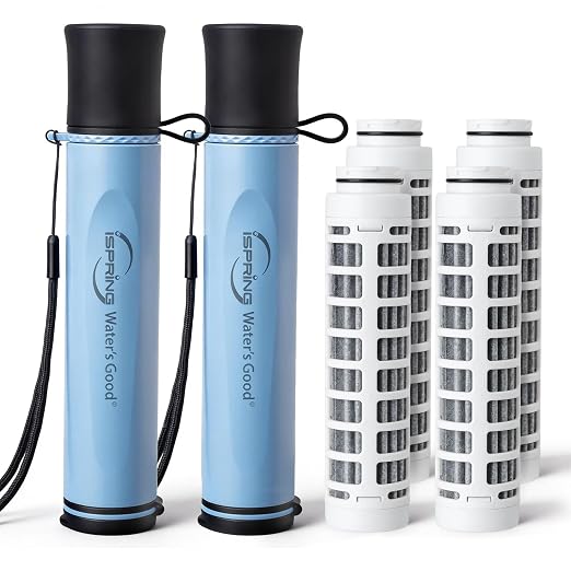 iSpring IFS-B2F2 Water Filter Straws, 2 Pack + 2 Extra Washable Filter Elements, Electro-Adsorption & Carbon Block, Reduces Micro-Organisms & Lead, SGS-Tested Purifier for Camping, Hiking & Emergency