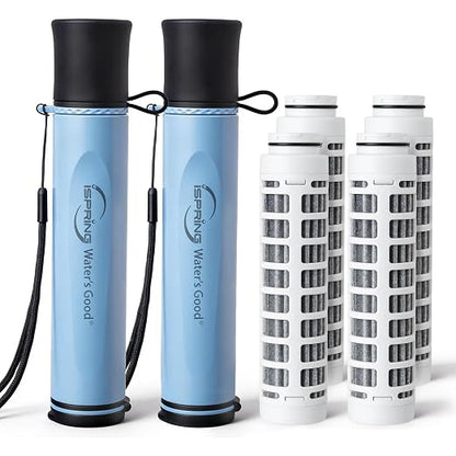 iSpring IFS-B2F2 Water Filter Straws, 2 Pack + 2 Extra Washable Filter Elements, Electro-Adsorption & Carbon Block, Reduces Micro-Organisms & Lead, SGS-Tested Purifier for Camping, Hiking & Emergency