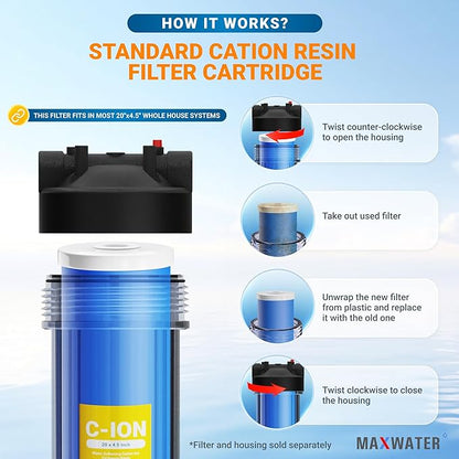(1 Pack) Calcium, Magnesium TDS Hardness Reduction Water Softening 20" x 4.5" Cation Resin Filter Compatible with 20" BB Whole House Water Filter Systems