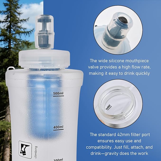 1L Collapsible Water Bottle with Filter for Hiking, Camping & Travel - TPU Soft Flask, 0.1 Micrometer Hollow Fiber Membrane for Clearer, Better Tasting Outdoor Water(White)
