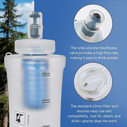 1L Collapsible Water Bottle with Filter for Hiking, Camping & Travel - TPU Soft Flask, 0.1 Micrometer Hollow Fiber Membrane for Clearer, Better Tasting Outdoor Water(White)