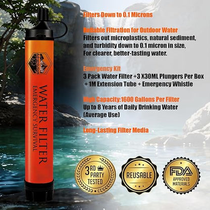 3-Pack Personal Water Filter Straw with Emergency Whistle | Portable Outdoor Survival Gear for Camping, Hiking, Backpacking, Hunting, Fishing, Travel & Home Car Emergency Evac Kits