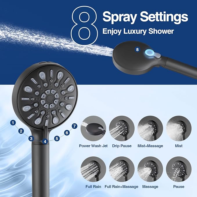 Filtered Shower Head with Handheld, 8 Spray Mode High Pressure Showerhead with Filters, Detachable shower head, Water Softener Filters for Hard Water, Remove Chlorine(N8HS702MB-NA)
