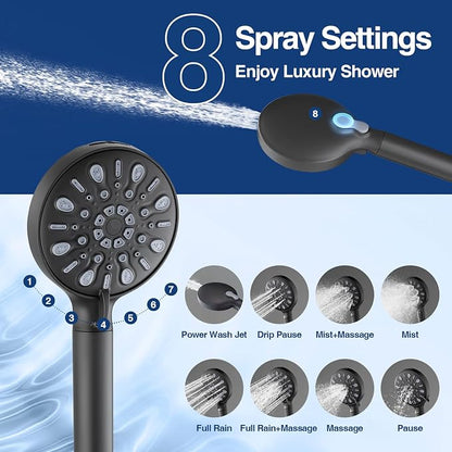 Filtered Shower Head with Handheld, 8 Spray Mode High Pressure Showerhead with Filters, Detachable shower head, Water Softener Filters for Hard Water, Remove Chlorine(N8HS702MB-NA)