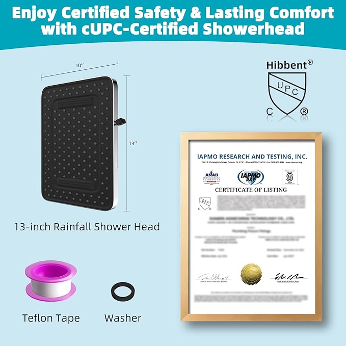 Hibbent cUPC Certified 5 Spray Modes Shower Head, 13'' High Pressure Large Rainfall Shower Head, High Flow Waterfall Bathroom Fixed Showerheads with Adjustable Swivel Ball Joint, Chrome