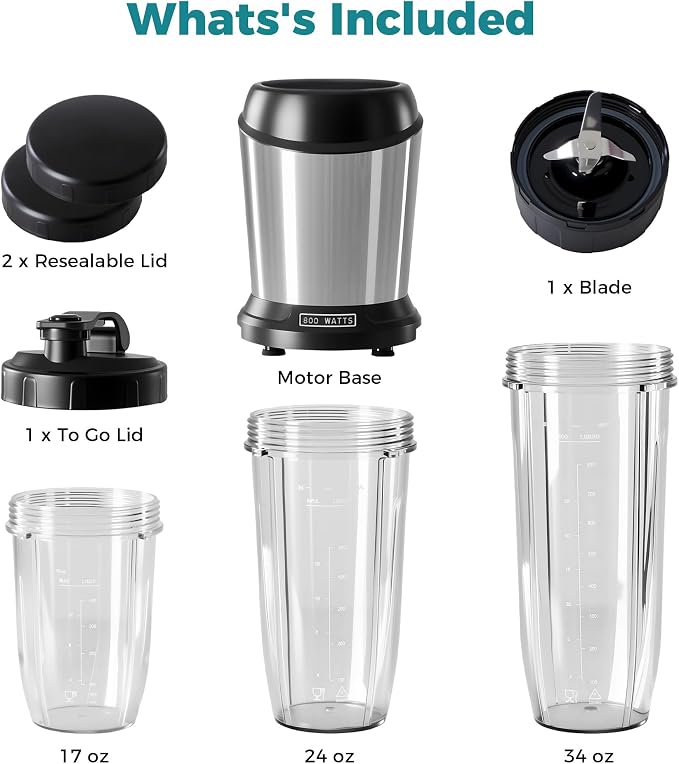 DUMOS Smoothie Blender for Kitchen, Blenders for Smoothies with 17 24 34 oz BPA-Free Portable Easy Go Cups, Small Personal Blender for Shakes, Sauces, Juice and Ice Crushing & More, Silver