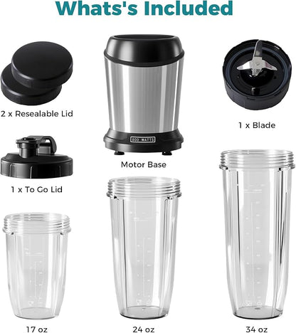 DUMOS Smoothie Blender for Kitchen, Blenders for Smoothies with 17 24 34 oz BPA-Free Portable Easy Go Cups, Small Personal Blender for Shakes, Sauces, Juice and Ice Crushing & More, Silver