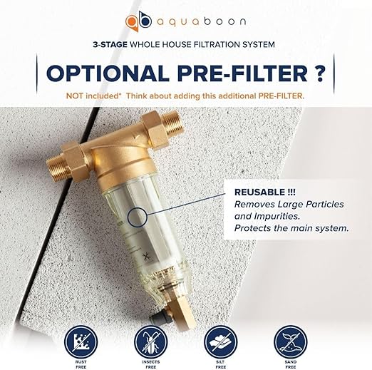 Aquaboon 3-Stage Whole House Water Filter System with 5 Micron 20x4.5 House Water Purification Reducing Sediment and Odors, Carbon Chlorine Reduction Filter (CTO), Pressure Gauge, Wrench, Bracket