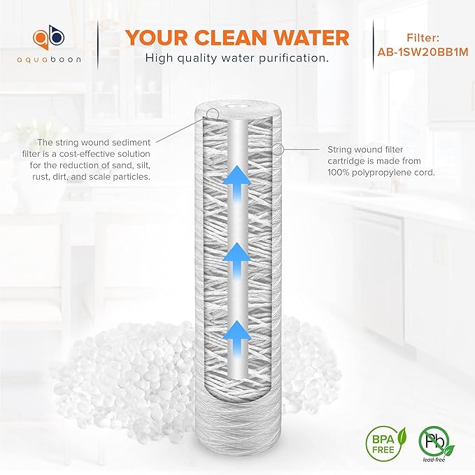 Aquaboon 1 Micron Whole House 20" x 4.5" String Wound Water Filter Replacement Cartridge for Well Water Compatible with SWC-25-2005, P5-20, 10-Pack