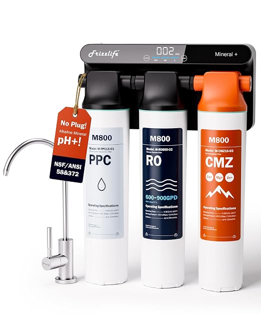 Frizzlife M800 Non-Electric Tankless Reverse Osmosis Water Filter, up to 900GPD Alkaline Mineralized RO Water Filtration System, Huge Filter with Auto Flush, NSF/ANSI 58&372, 4:1 Pure to Drain