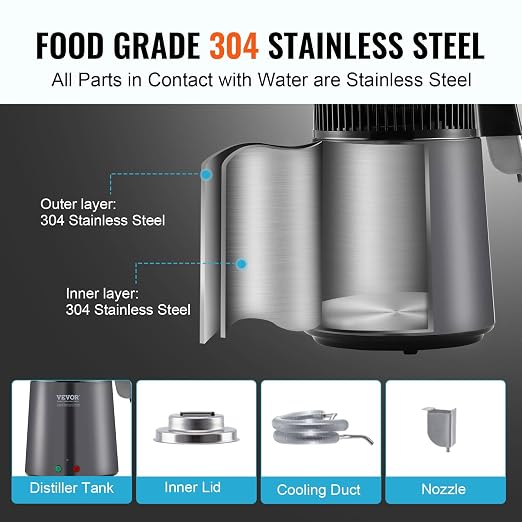 VEVOR Water Distiller, 4L /1.05 Gallon Pure Water Still for Home Countertop, 750W Distilled Water Maker, 304 Stainless Steel Body Distilling Machine with Glass Carafe to Make Clean Water, Gray