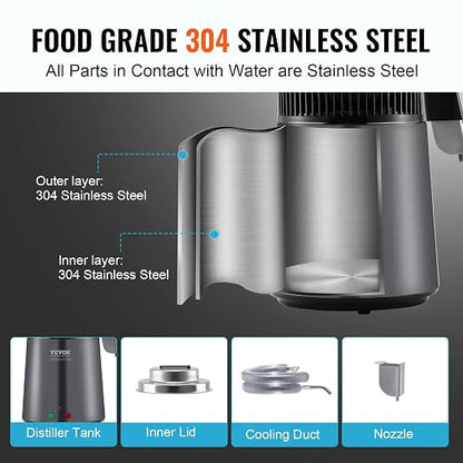 VEVOR Water Distiller, 4L /1.05 Gallon Pure Water Still for Home Countertop, 750W Distilled Water Maker, 304 Stainless Steel Body Distilling Machine with Glass Carafe to Make Clean Water, Gray