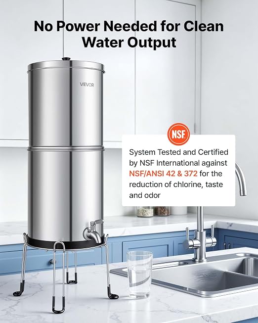 VEVOR Gravity-fed Water Filter System, 2.25G 304 Stainless-Steel Countertop Water Filtration System, Reduces Lead and up to 99% of Chlorine, with 2 Carbon Filters, Spigot, and Stand, for Home Camping