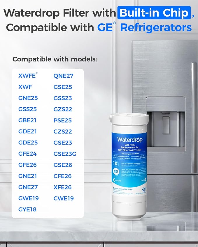 Waterdrop Water Filter Replacement for GE® XWFE®, Built-in Chip, 3 Pack | Replacement for GE® XWF, Compatible with GNE27, GFE26, GDE25, GSS25 and PSE25 Series Refrigerators, NSF 42 & 372 Certified
