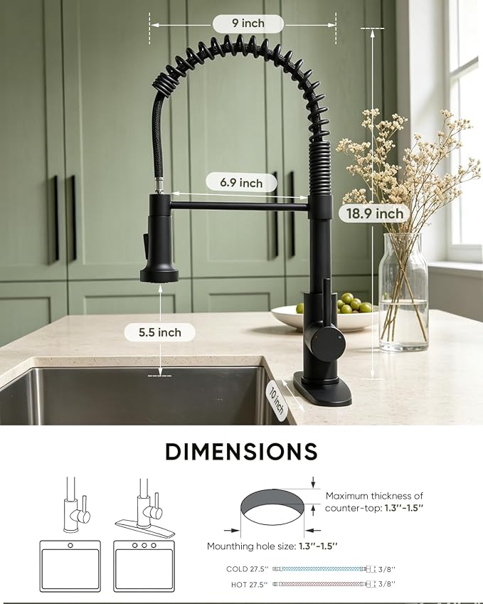 Matte Black Kitchen Faucet with Pull-Down Sprayer — Commercial Spring High-Arc Single-Handle Sink Faucet, Fits 1 or 3 Hole for Farmhouse, Bar, Camper and Laundry Room