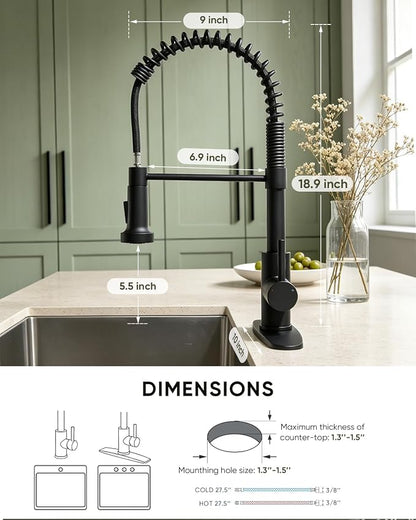 Matte Black Kitchen Faucet with Pull-Down Sprayer — Commercial Spring High-Arc Single-Handle Sink Faucet, Fits 1 or 3 Hole for Farmhouse, Bar, Camper and Laundry Room