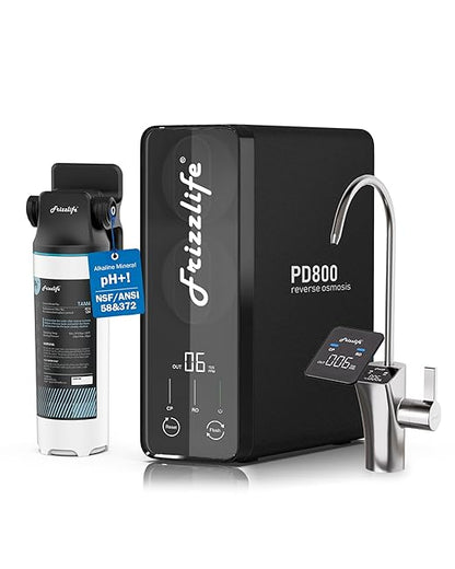 Frizzlife 800GPD Reverse Osmosis Water Filter, NSF/ASNI 58&42&372 Standard, Alkaline Mineral pH+ Tankless Reverse Osmosis System, 9-Stage Under Sink RO, 2:1 Pure to Drain, Smart Faucet, PD800-N