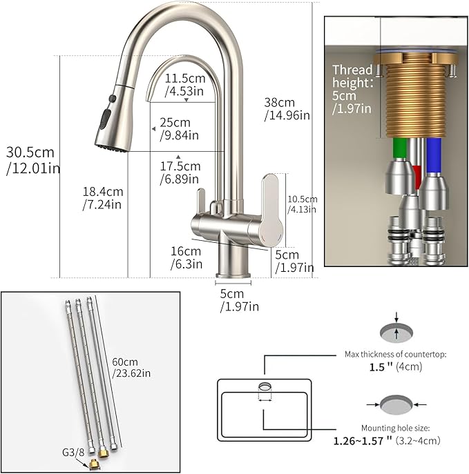 Kitchen Sink Faucet with Pull - Down Sprayer, 2 - Handle 3 - in - 1 Kitchen Sink Filter Faucet, Cold and Hot Mixer Drinking Water Faucet (3-in-1 Filter Faucet, Brushed Nickel-1)