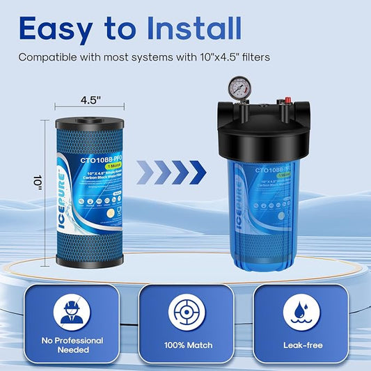 ICEPURE 1 Micron 10" x 4.5" Whole House PFOA/PFOS Carbon Water Filter Cartridge Replacement for Dupont WFHDC8001,EP Series,EPM Series,CB-BB-10, GE FXHTC, GXWH40L, GXWH35F, GNWH38S, CTO10BB, Pack of 2