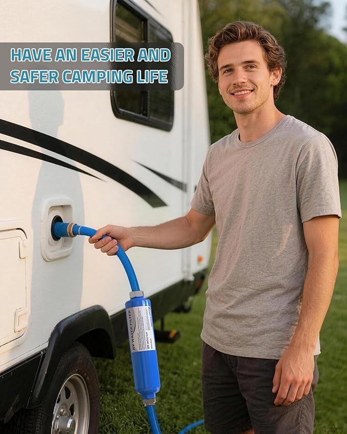 PAULINN RV Camper Inline Water Filter, 2 Packs Marine Garden Camping Water Hose KDF Filter Accessories for Boat Trailer Motorhome Gardening Planting Car Washing, Reduces Chlorine, Bad Taste & Odor