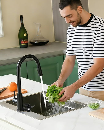 Kitchen Faucet with Cup Washer Pull Down Sprayer Stainless Steel Kitchen Sink Faucet with Deck Plate Glass Rinser Single Hole Black