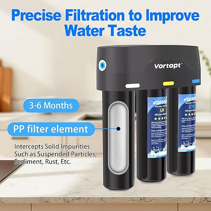 Vortopt F03 Under-Sink & Countertop Filtration,3 Stage Water Filter System with 0.01 Micron UF Membrane,Reduces Chlorine,Sediment,Odor,Retains Minerals,High Flow & Easy Install,NOT for TDS Reduction.