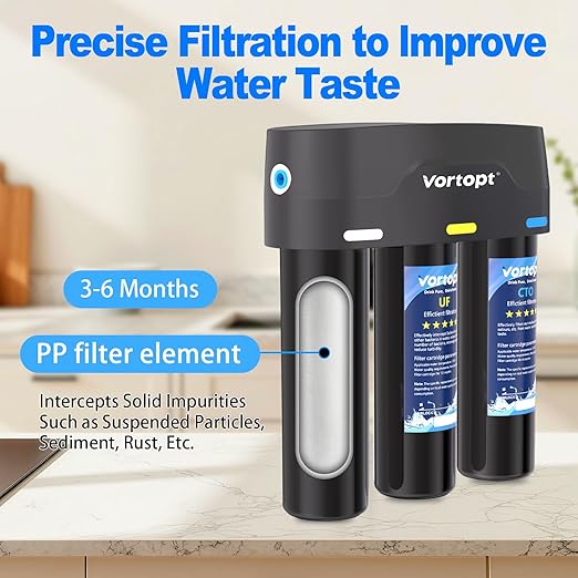 Vortopt F03 Under-Sink & Countertop Filtration,3 Stage Water Filter System with 0.01 Micron UF Membrane,Reduces Chlorine,Sediment,Odor,Retains Minerals,High Flow & Easy Install,NOT for TDS Reduction.