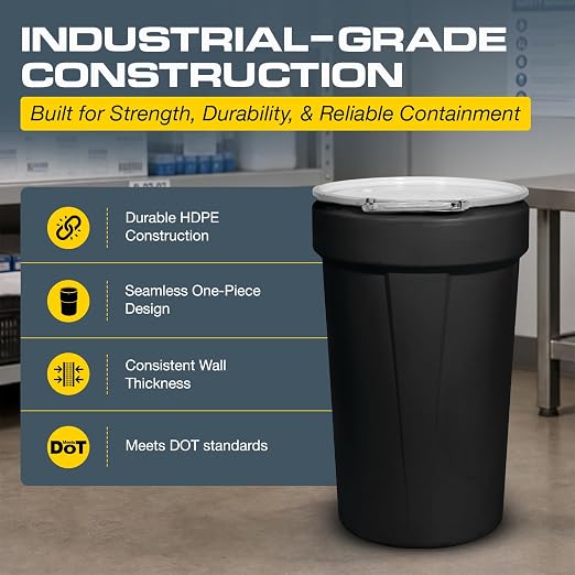 Eagle Plastic Drum, 55 Gallon Drum, DOT Compliant, Made in USA, Black | High-Density-Polyethylene, Open Head Lab Pack Drum, Metal Lever-Lock with Bung Lid, Hazardous Material Storage, Transport