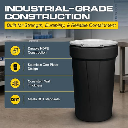 Eagle Plastic Drum, 55 Gallon Drum, DOT Compliant, Made in USA, Black | High-Density-Polyethylene, Open Head Lab Pack Drum, Metal Lever-Lock with Bung Lid, Hazardous Material Storage, Transport