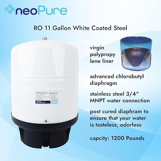 NeoPure 11 Gallon Reverse Osmosis Water Storage Tank, White – Pressurized RO Bladder Tank for Residential Drinking Water Filtration Systems, 15.1 x 20.1 Inches