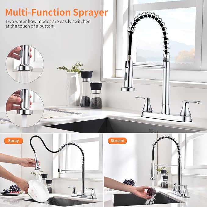 HOMELODY 2 Handles Kitchen Faucet with Pull Down Sprayer for 3 Hole Sink, 360° Rotating Spout Commercial 2 Handle Stainless Steel Kitchen Faucets with Deck Plate Chrome
