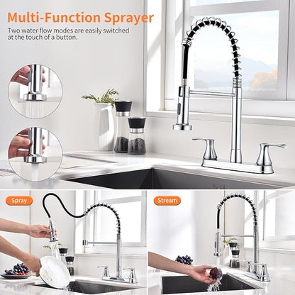 HOMELODY 2 Handles Kitchen Faucet with Pull Down Sprayer for 3 Hole Sink, 360° Rotating Spout Commercial 2 Handle Stainless Steel Kitchen Faucets with Deck Plate Chrome