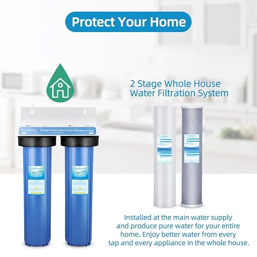 Geekpure 2 Stage Whole House Water Filter System-1" NPT Brass Port | with 20-Inch Big Size Blue Housing, 4.5"x20" PP and Carbon Filters