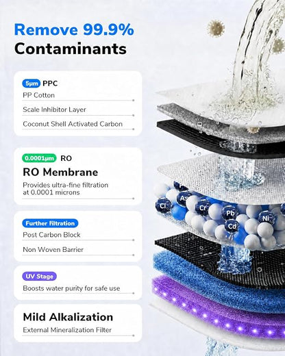 Ecoviva Mate 3 UV Countertop Reverse Osmosis Water Filter with 2 Auto-Fill Pitchers, 9-Stage RO Filtration System, Installation-Free, Reduces TDS, 3:1 Pure-to-Drain Ratio, Home & Kitchen, White