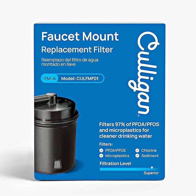 Culligan CULFMF01 Replacement Water Filter for Sink Faucet, Reduces Microplastics & 97% of PFOA/PFOS, Chlorine Odor for Cleaner Drinking Water, Faucet Mount Replacement Filter Lasts up to 400 Gallons