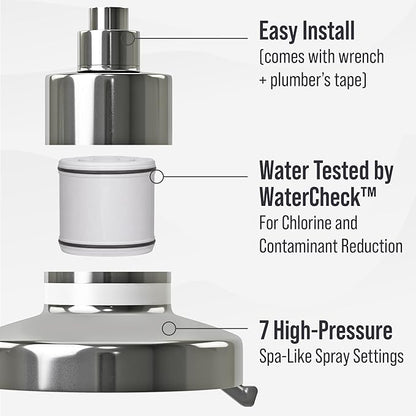Lab Tested Filtered Shower Head for Improved Hair & Skin. Great for Dry Itchy Skin, Dandruff, Eczema. Multi Stage Calcium Sulfite Filter. 7 Spray Spa Setting. Chlorine Reducing Filter for Hard Water