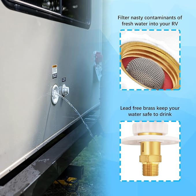RV City Water Fill Inlet Flange Check Valve Water Hookup Connector 3/4 NH Female to 1/2 NPT Male Mount Lead-Free Brass Flush RV Water Backflow Preventer with Dust Plug for RV Camper Motorhome