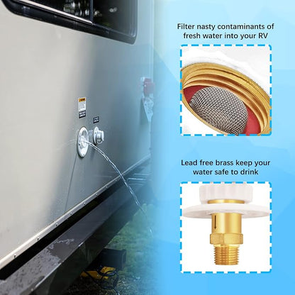 RV City Water Fill Inlet Flange Check Valve Water Hookup Connector 3/4 NH Female to 1/2 NPT Male Mount Lead-Free Brass Flush RV Water Backflow Preventer with Dust Plug for RV Camper Motorhome