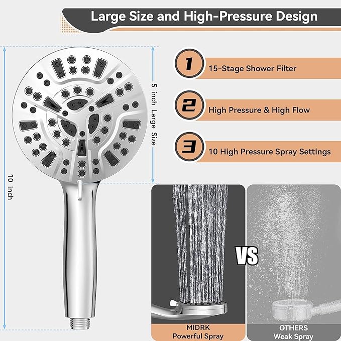 Filtered Shower Head, 15 Stage Handheld Shower Head Filter for Hard Water, 10 Modes High Pressure Shower Head with 60" Hose and Bracket, Remove Chlorine and Harmful Substance