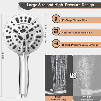 Filtered Shower Head, 15 Stage Handheld Shower Head Filter for Hard Water, 10 Modes High Pressure Shower Head with 60" Hose and Bracket, Remove Chlorine and Harmful Substance