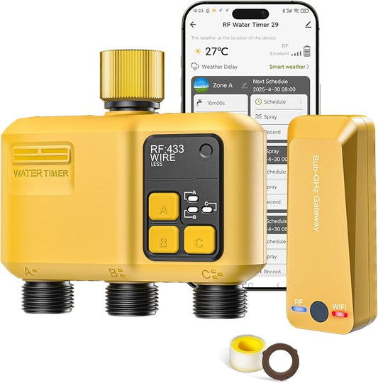 WiFi Water Timer 3 Zone for Garden Hose, Smart Sprinkler Timer with 984ft RF Range, Brass Inlet, APP/Voice Control, Rain Delay, Automatic/Manual Irrigation