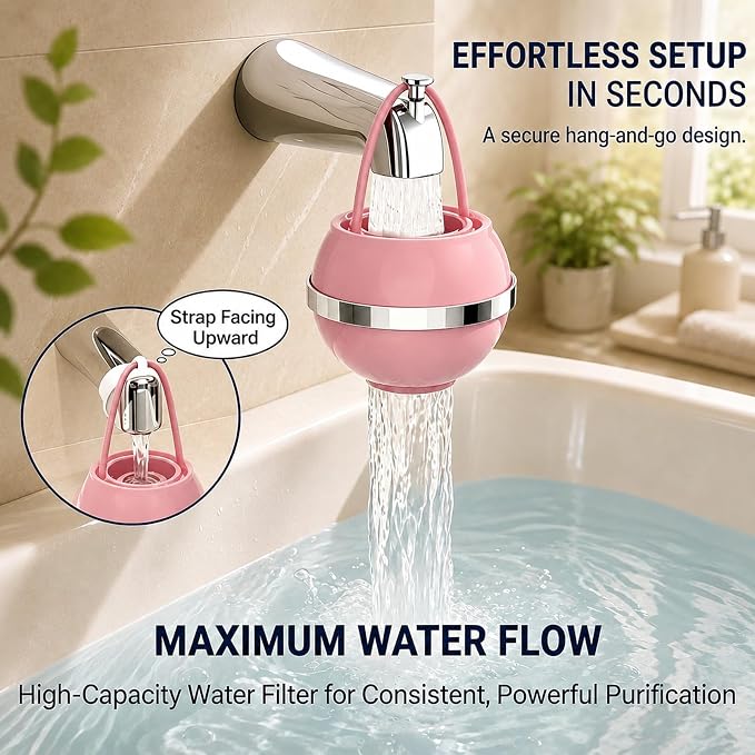 Bath Filter for Tub Faucet, Bathtub Water Filter, 3000 Gallons Bath Tub Filter, Hard Water Softener for Kids & Babies,Reduces Dry Itchy Skin,Eczema & Improve Skin, Hair & Nails Condition,Pink