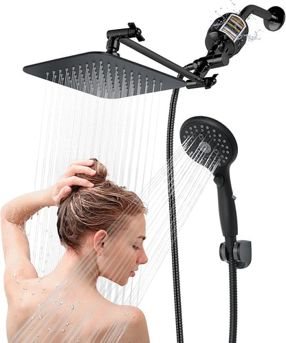 8'' Dual 20 Stage Filtered Shower Head with Handheld, 6 Spray Settings Handheld Shower Head High Pressure Rainfall Filter Combo with 12'' Adjustable Extension Arm, 71'' Shower Hose (Matte Black)