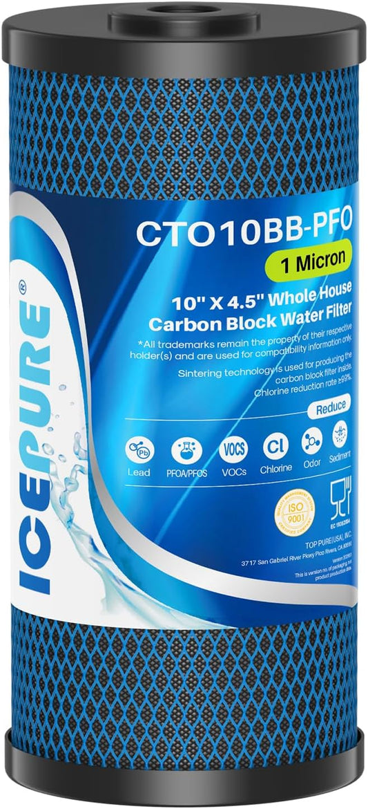 ICEPURE 1 Micron 10" x 4.5" Whole House PFOA/PFOS Carbon Water Filter Cartridge Replacement for Dupont WFHDC8001,EP Series,EPM Series,CB-BB-10, GE FXHTC, GXWH40L, GXWH35F, GNWH38S, CTO10BB, Pack of 1