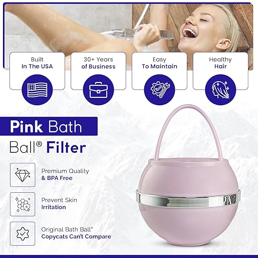 Crystal Quest Bath Ball Filter for Tub Faucet, Bathtub Water Filter, BPA-Free Bathtub Filter, Removes Chlorine, Lead & Impurities, Improves Skin, Hair & Nails, Long Lasting, Fits Most Tubs - Pink
